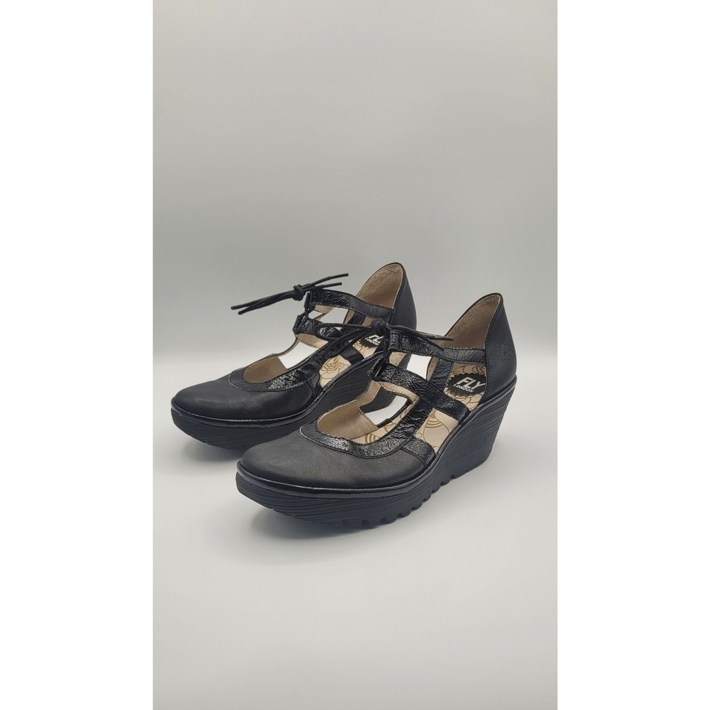 FLY London Yett Womens Wedge Pumps EU 41 Black Ghillie Lace Comfort Shoe